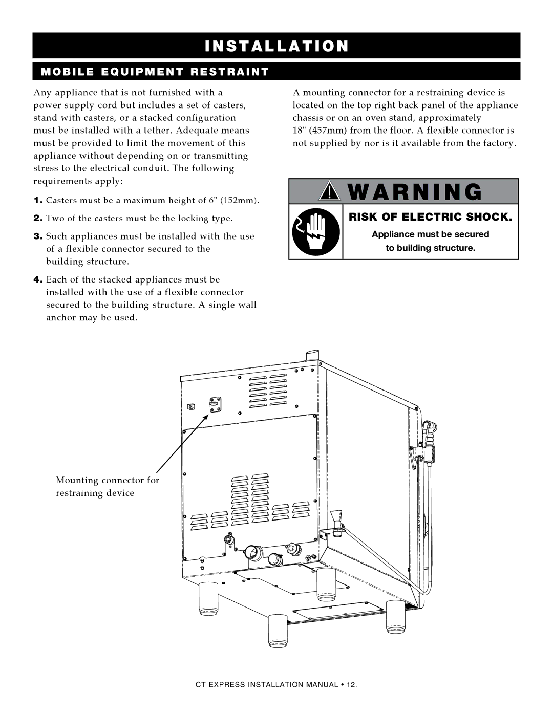 Alto-Shaam 4.10ESiVH Obile equipment restraint, Risk of electric shock, Appliance must be secured To building structure 