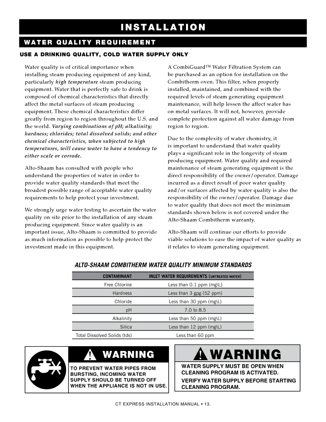 Alto-Shaam 4.10esi, 4.10ESiVH manual Water quality requirement, Use a drinking quality, cold water supply only 