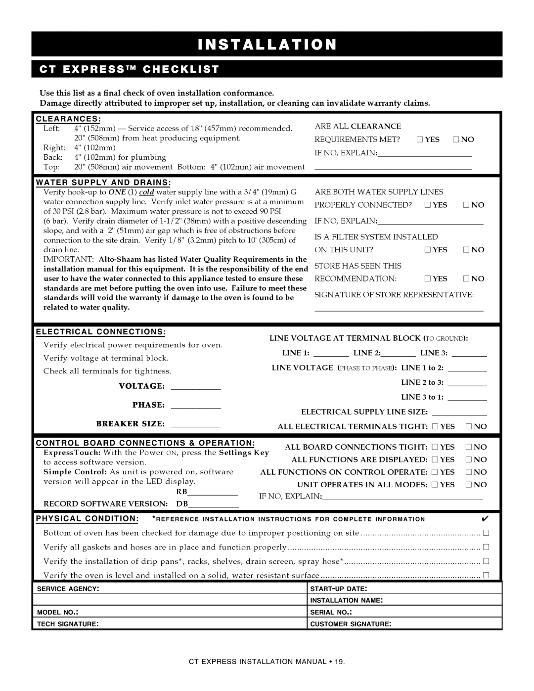 Alto-Shaam 4.10esi, 4.10ESiVH manual CT Express checklist, Clearances 