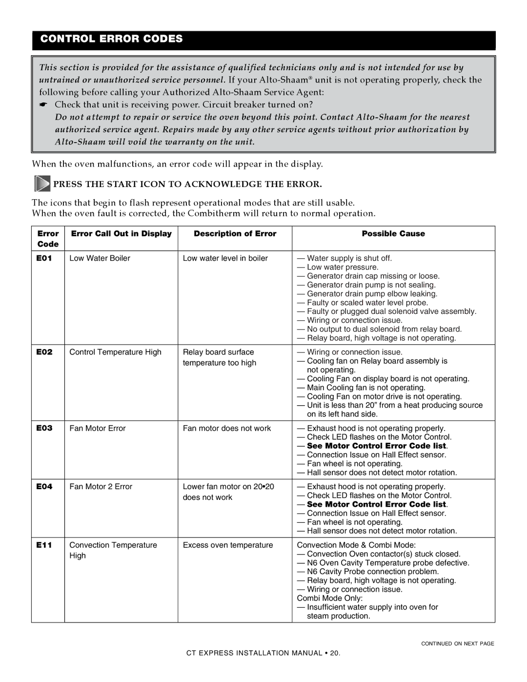 Alto-Shaam 4.10ESiVH, 4.10esi manual Controlerror codesERROR Codes, Press the Start Icon to Acknowledge the Error 