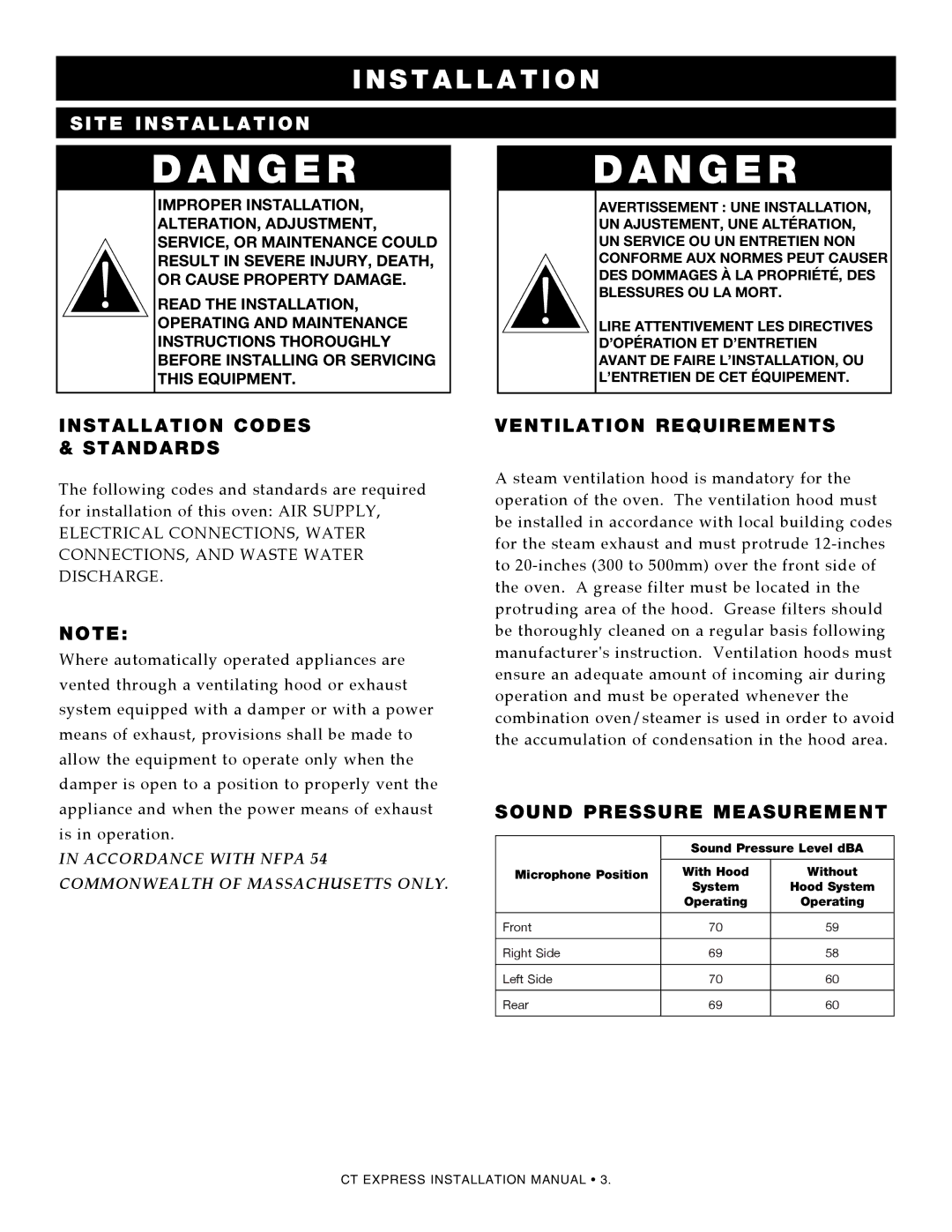 Alto-Shaam 4.10esi Site Installation, Installation codes & Standards, Ventilation requirements, Sound pressure measurement 