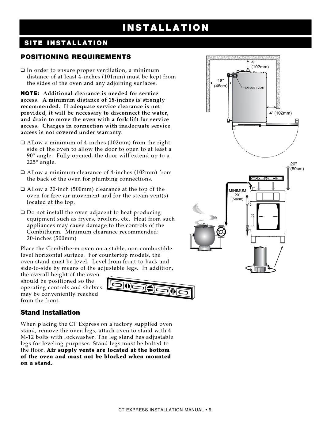 Alto-Shaam 4.10ESiVH, 4.10esi manual Positioning requirements, Stand Installation 