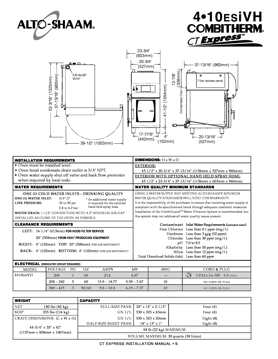 Alto-Shaam 4.10esi manual 410esiVH, 1325mm 960mm VENT 13/16 3/16- -37 39-1/2 1003mm, 23-3/4, 603mm, 20-3/4, 527mm, 17-7/16 