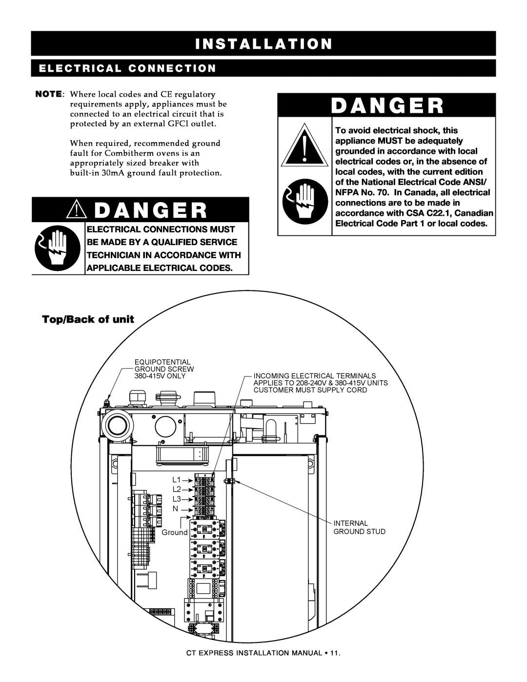 Alto-Shaam 4.10esi, 4.10ESiVH manual danger, i n s t a l l a t i o n, electrical connection, Top/Back of unit 
