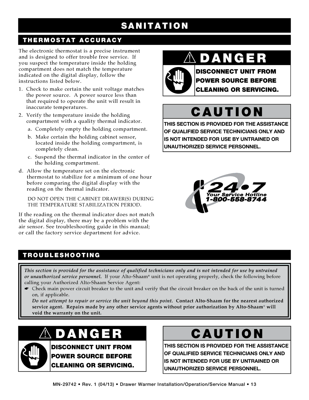 Alto-Shaam 3DN, 500-3D, 500-1D, 2DN, 500-2D, 1DN, drawer warmers manual Therm o s t a t accuracy, Troubleshooting 