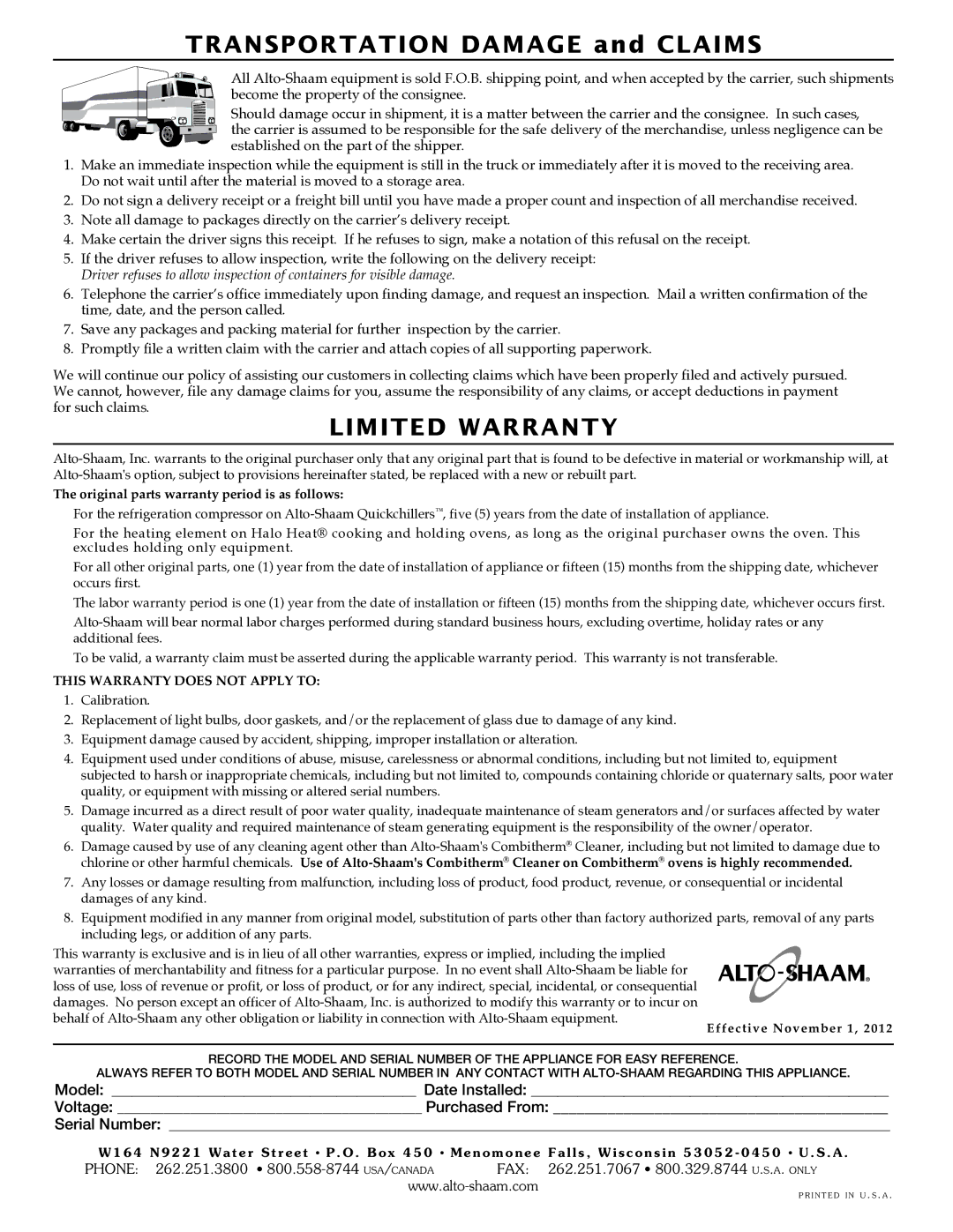 Alto-Shaam drawer warmers, 500-3D, 3DN, 500-1D, 2DN, 500-2D, 1DN manual Limited Warranty 