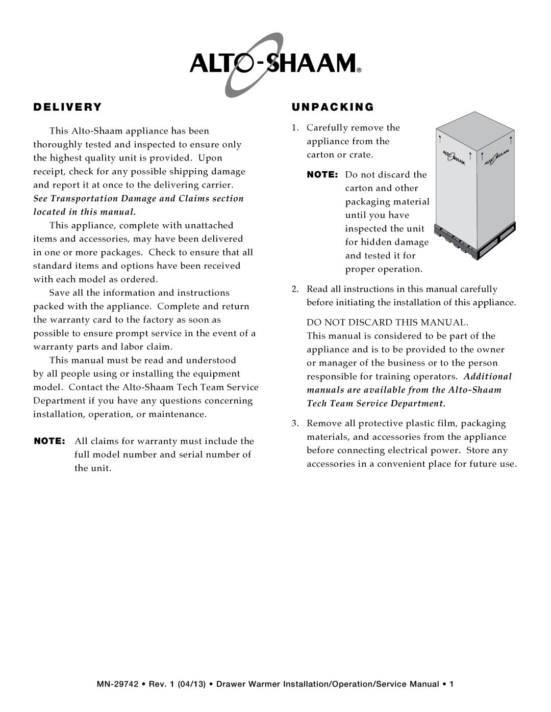 Alto-Shaam 2DN, 500-3D, 3DN, 500-1D, 500-2D, 1DN, drawer warmers manual L I V E r y, P a c K I N g 