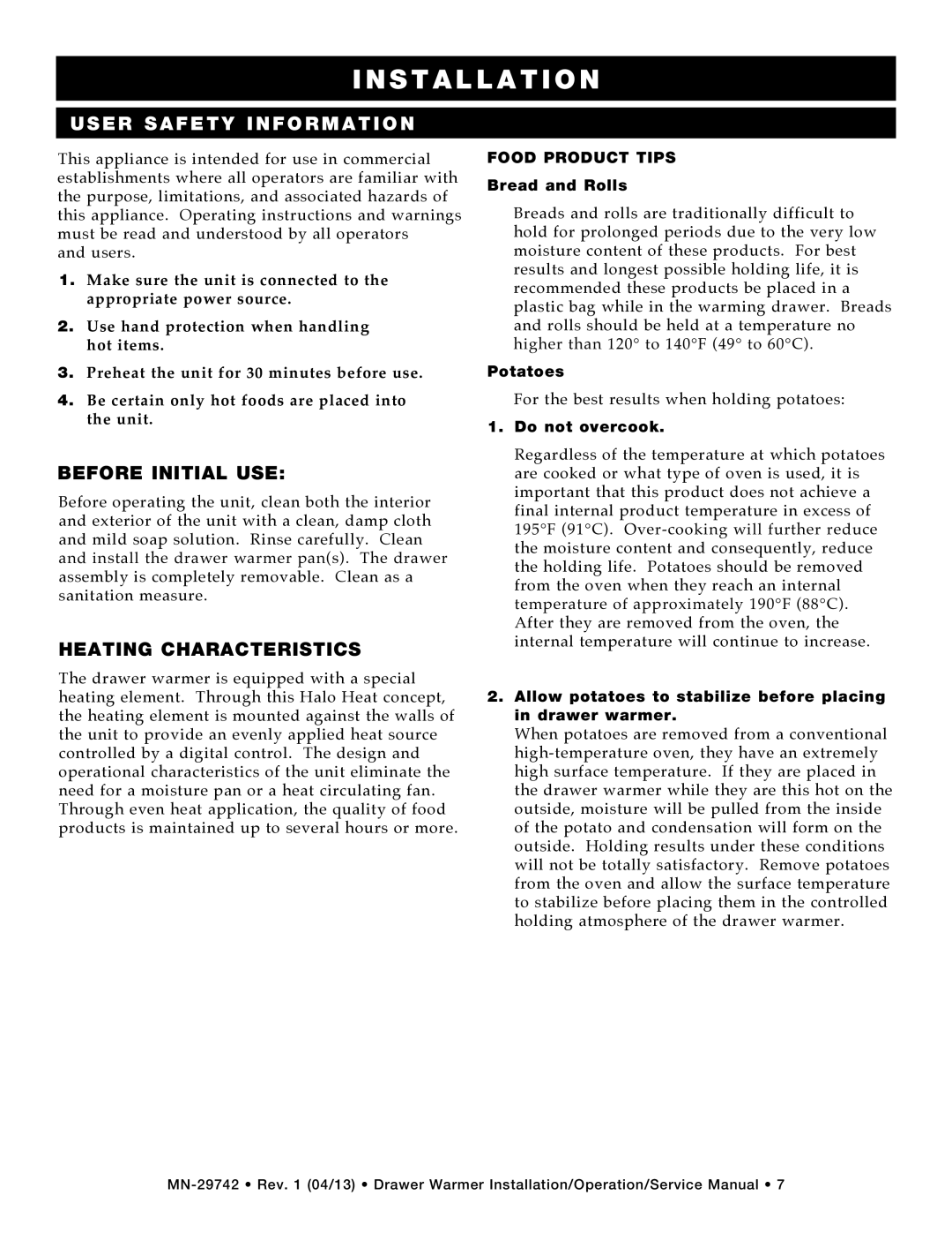 Alto-Shaam 500-1D, 500-3D, 3DN, 2DN, 500-2D, 1DN, drawer warmers manual User safety information, Before initial use 