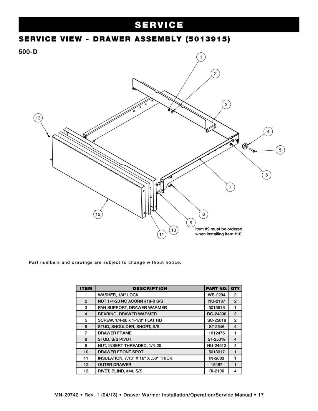 Alto-Shaam 1DN, 500-3D, 3DN, 500-1D, 2DN, 500-2D, drawer warmers service view - drawer assembly, 500-D, S Erv Ice, Description 