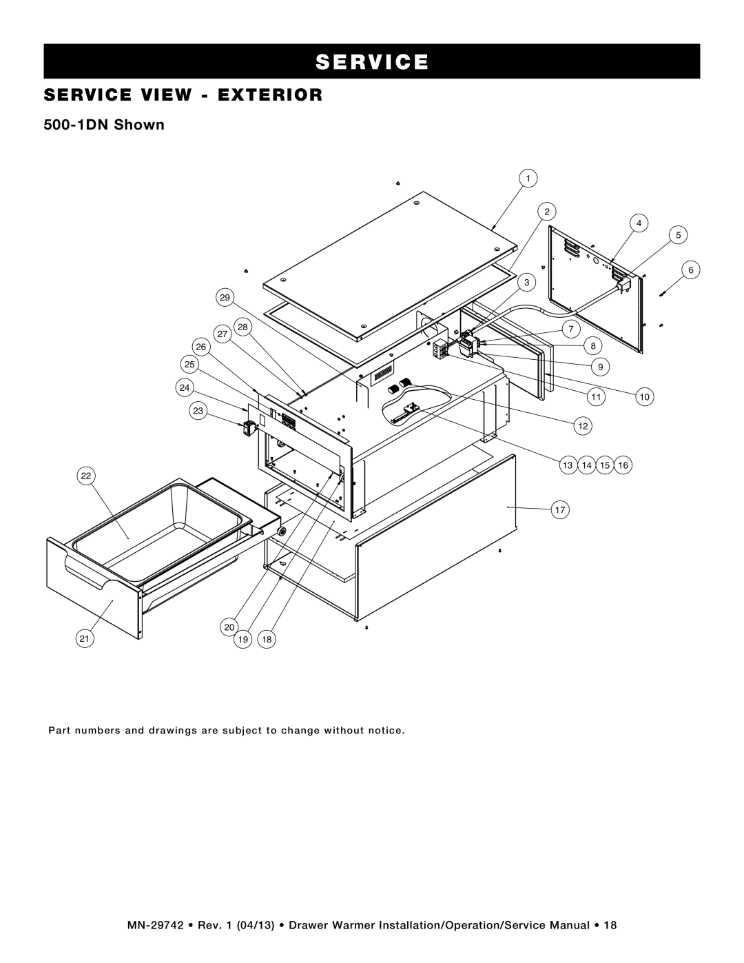 Alto-Shaam drawer warmers, 500-3D, 3DN, 2DN, 500-2D manual service view - EXTERIOR, 500-1DN Shown, S Erv Ice 