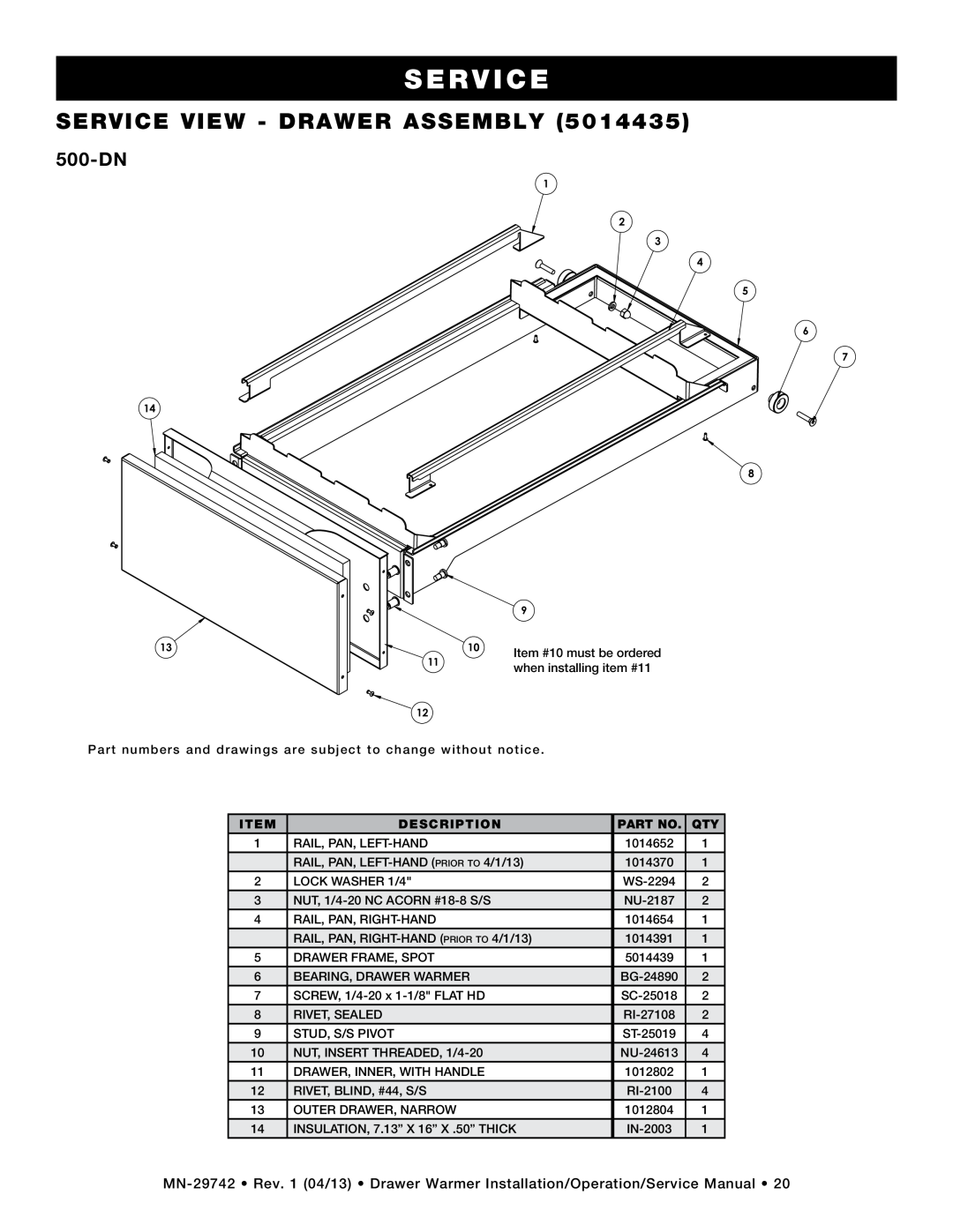 Alto-Shaam 3DN, 500-3D, 500-1D, 2DN 500-DN, S Erv Ice, service view - drawer assembly, Item #10 must be ordered, Description 