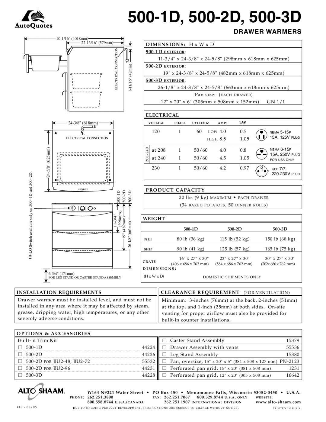 Alto-Shaam specifications 500-1D, 500-2D, 500-3D 