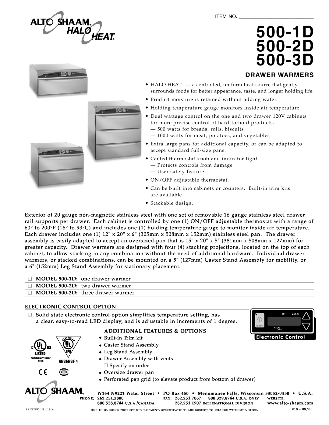 Alto-Shaam specifications 500-1D 500-2D 500-3D, Drawer Warmers, Item No, Electronic Control Option 