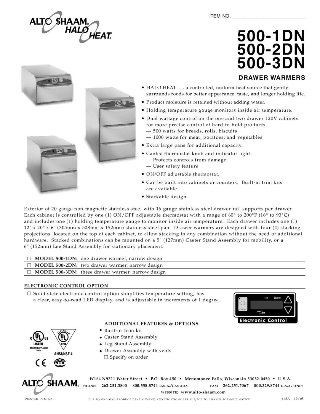 Alto-Shaam specifications 500-1DN 500-2DN 500-3DN, Electronic Control Option, Additional Features & Options 