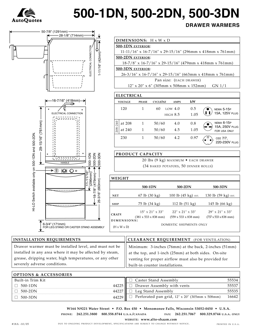 Alto-Shaam specifications 500-1DN, 500-2DN, 500-3DN 