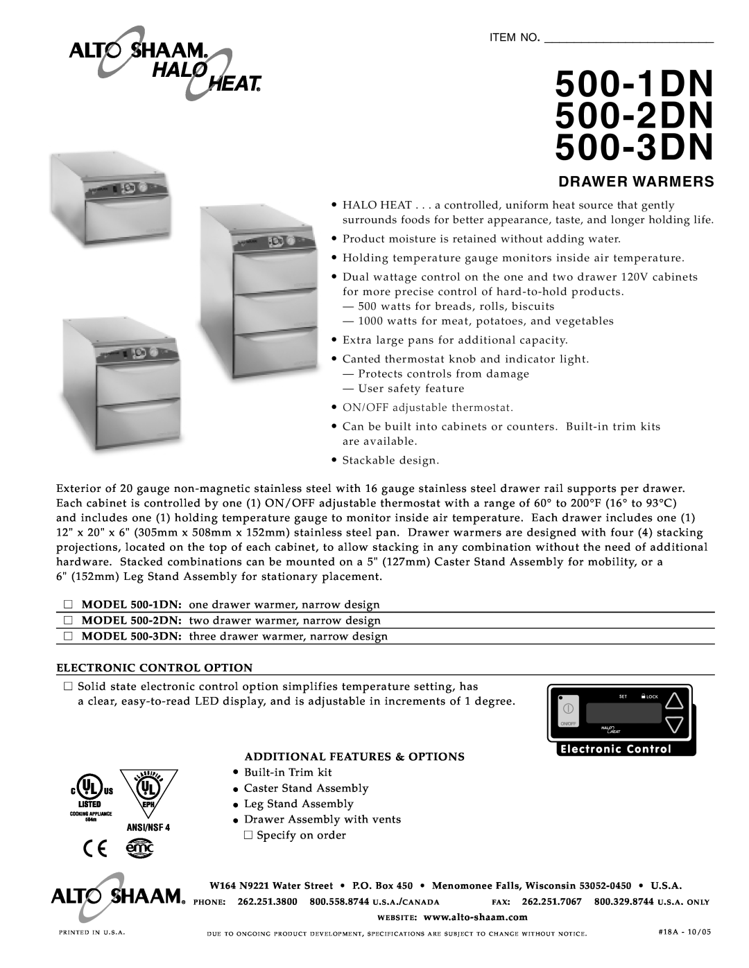 Alto-Shaam specifications 500-1DN 500-2DN 500-3DN, Drawer Warmers, Electronic Control Option, Built-inTrim kit, Item No 