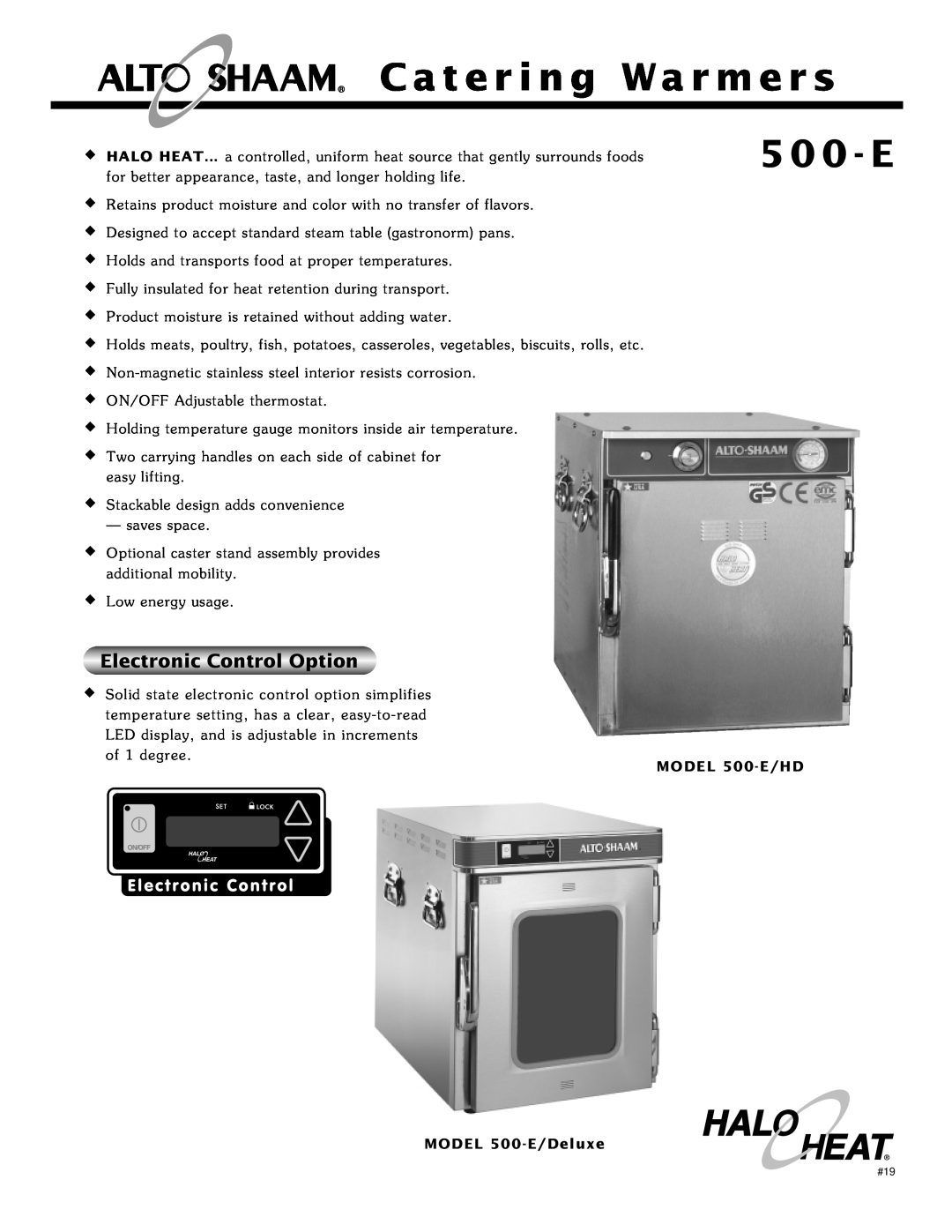 Alto-Shaam manual Catering Warmers, 5 0 0 - E, Electronic Control Option, MODEL 500-E/HD MODEL 500-E/Deluxe 