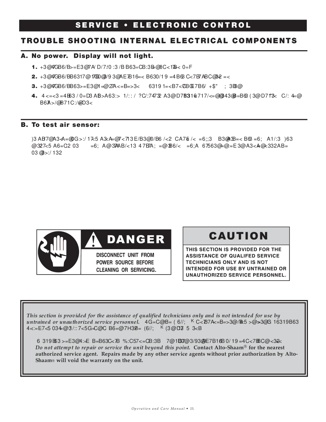 Alto-Shaam 500-E/Deluxe manual SE RV ICE ELE CTR Onic ROL, No power . Displa y will not light, To tes t air sen sor 