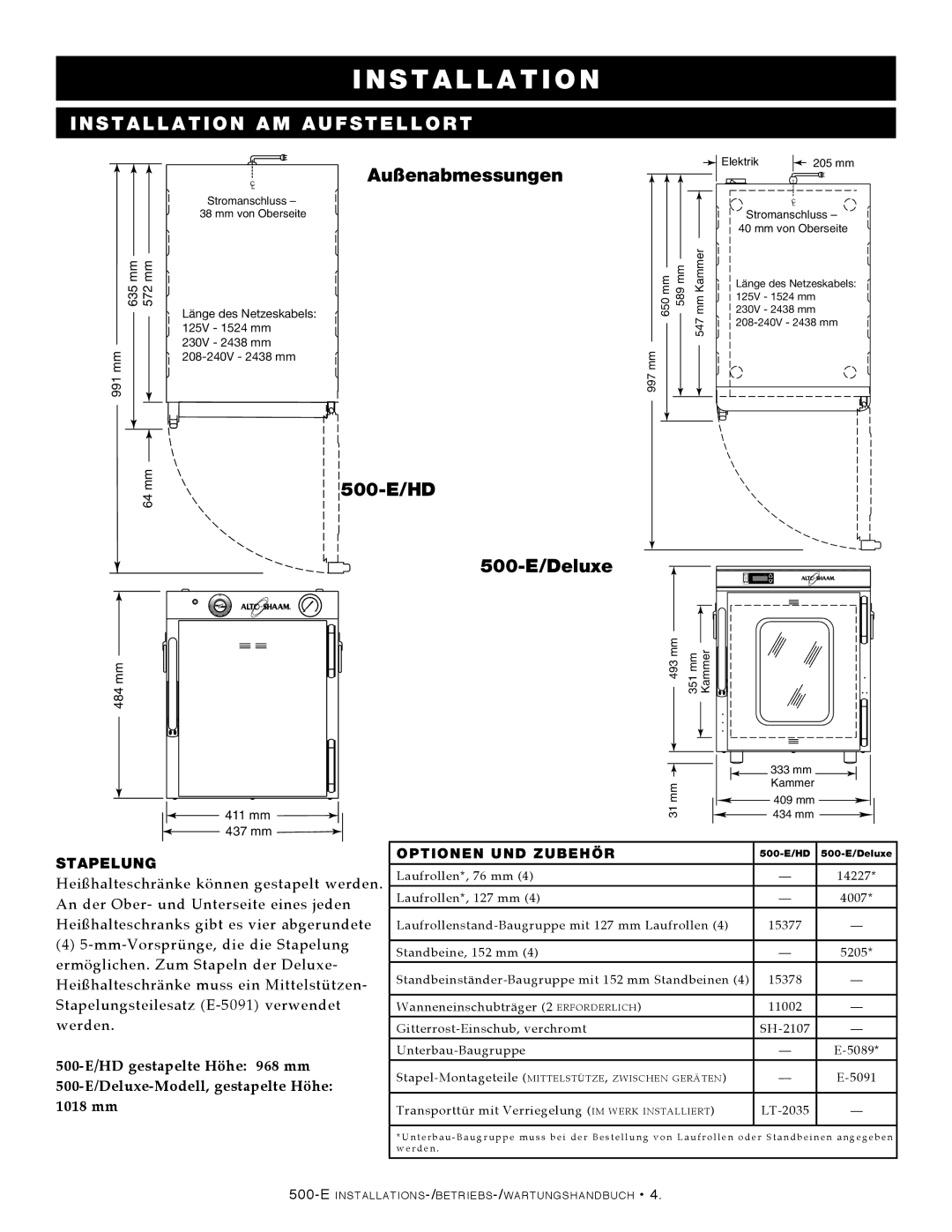 Alto-Shaam manual Außenabmessungen, 500-E/HD 500-E/Deluxe 