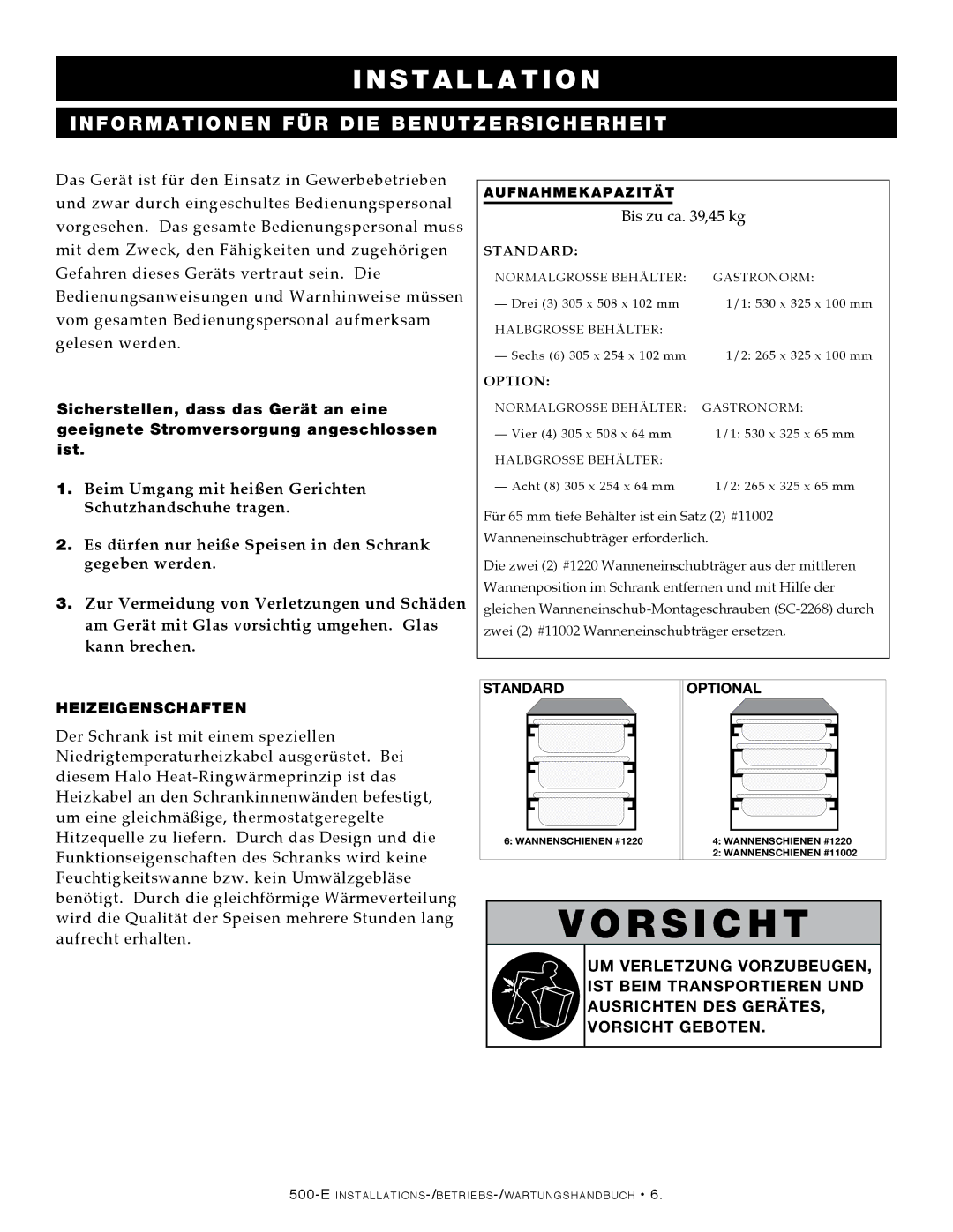 Alto-Shaam 500-E/HD manual F o r m ati o n e n für die Benutzersicherheit, Bis zu ca ,45 kg 