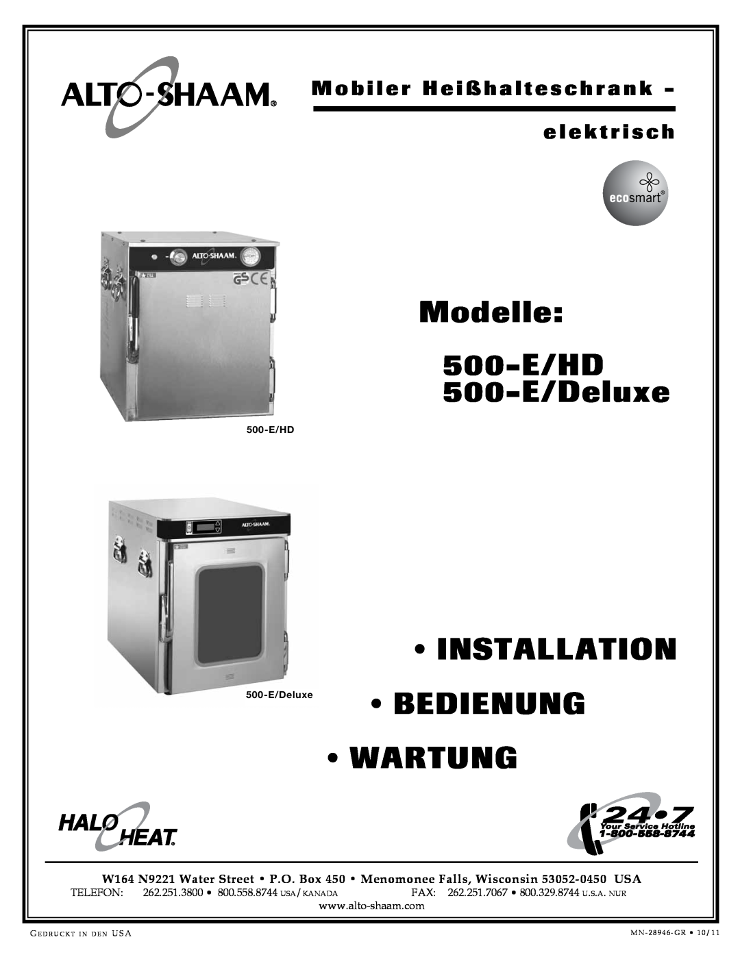 Alto-Shaam 500-E/HD manual Modelle, 500-E/Deluxe, Installation, Bedienung, Wartung, e l e k t r i s c h, Telefon 