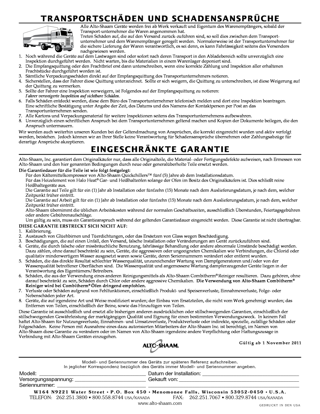 Alto-Shaam 500-E/HD manual Transportschäden Und Schadensansprüche, Eingeschränkte Garantie, Gültig ab 1 November 