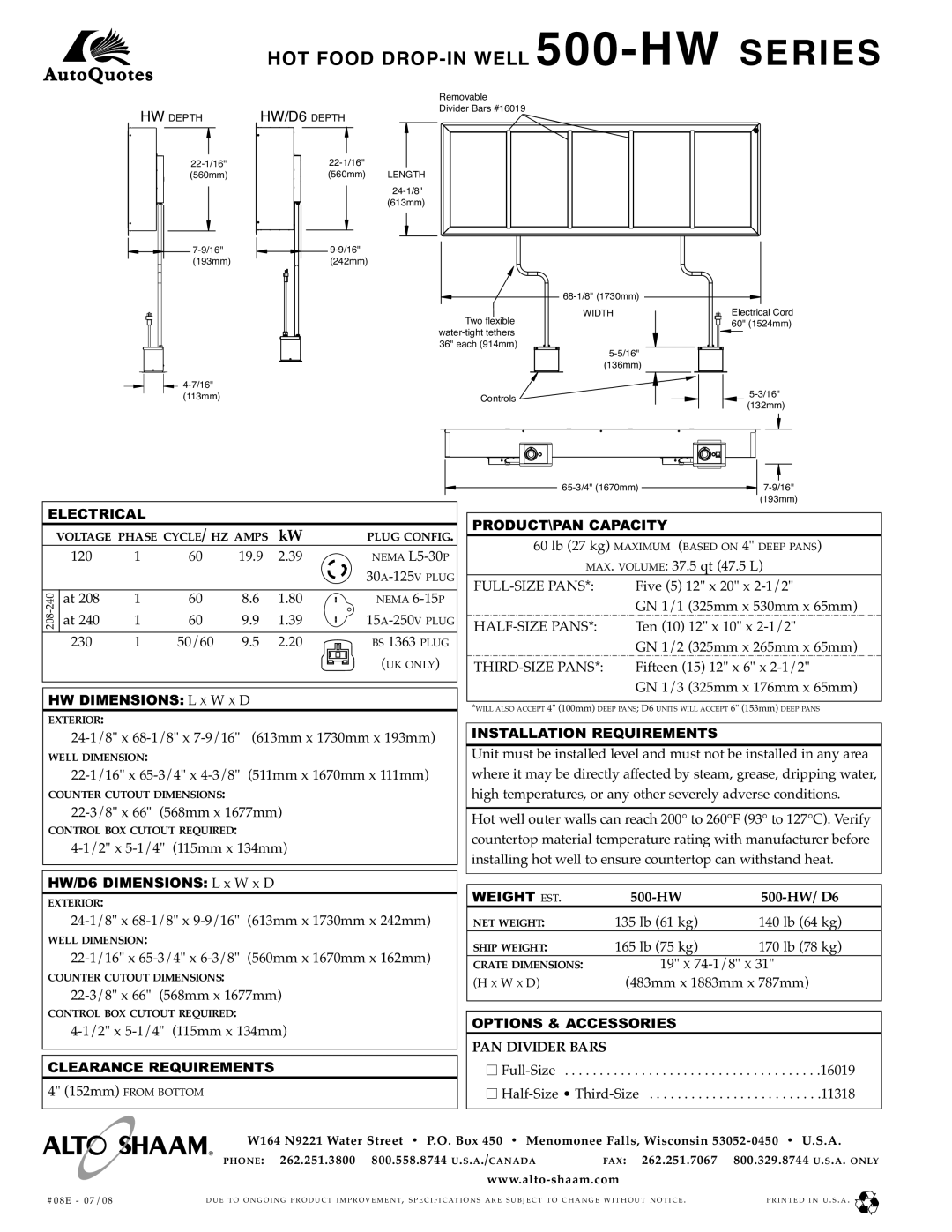 Alto-Shaam 500-HW Series Electrical, PRODUCT\PAN Capacity, HW Dimensions L X W X D, Clearance Requirements, Weight EST 