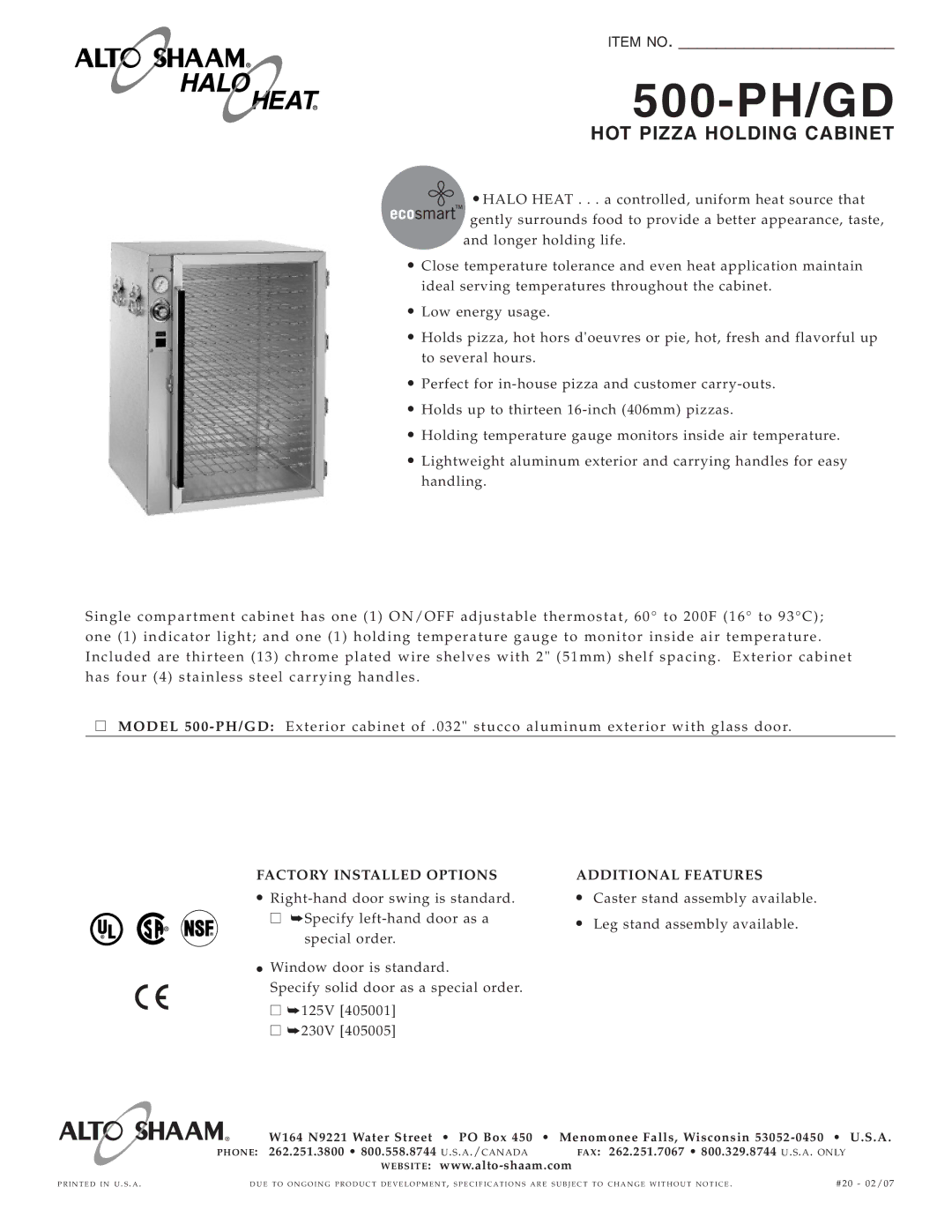 Alto-Shaam 500-PH/GD specifications 500-PH /GD, Factory Installed OP Tions, Addit Iona L FE Atures 