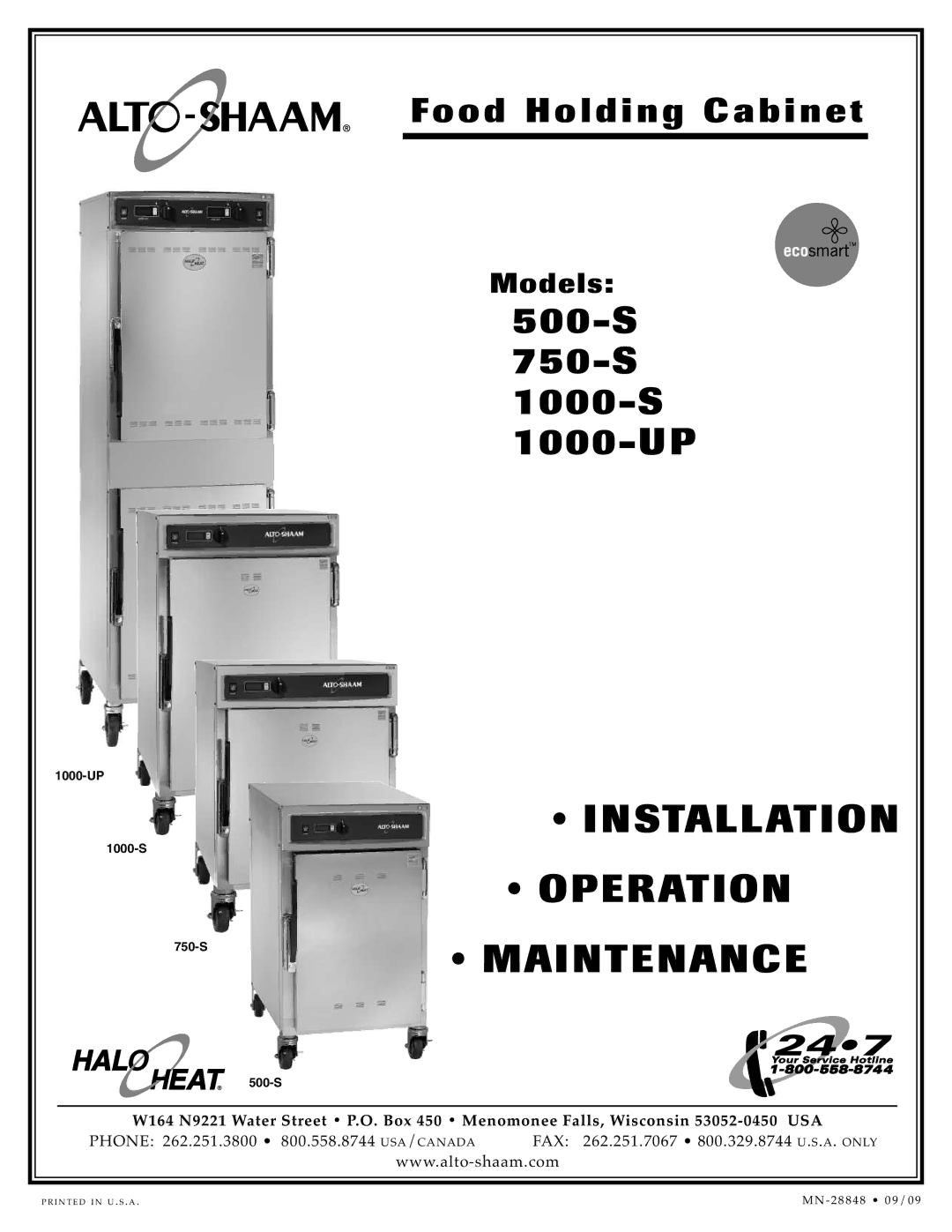 Alto-Shaam 750-S, 500-S manual Inst Allati on, Operation, MAI Ntena NCE 