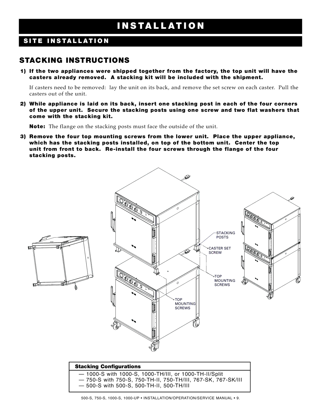 Alto-Shaam 750-S, 500-S manual Stacking Instr Uctions, SI TE INS Tallatio 