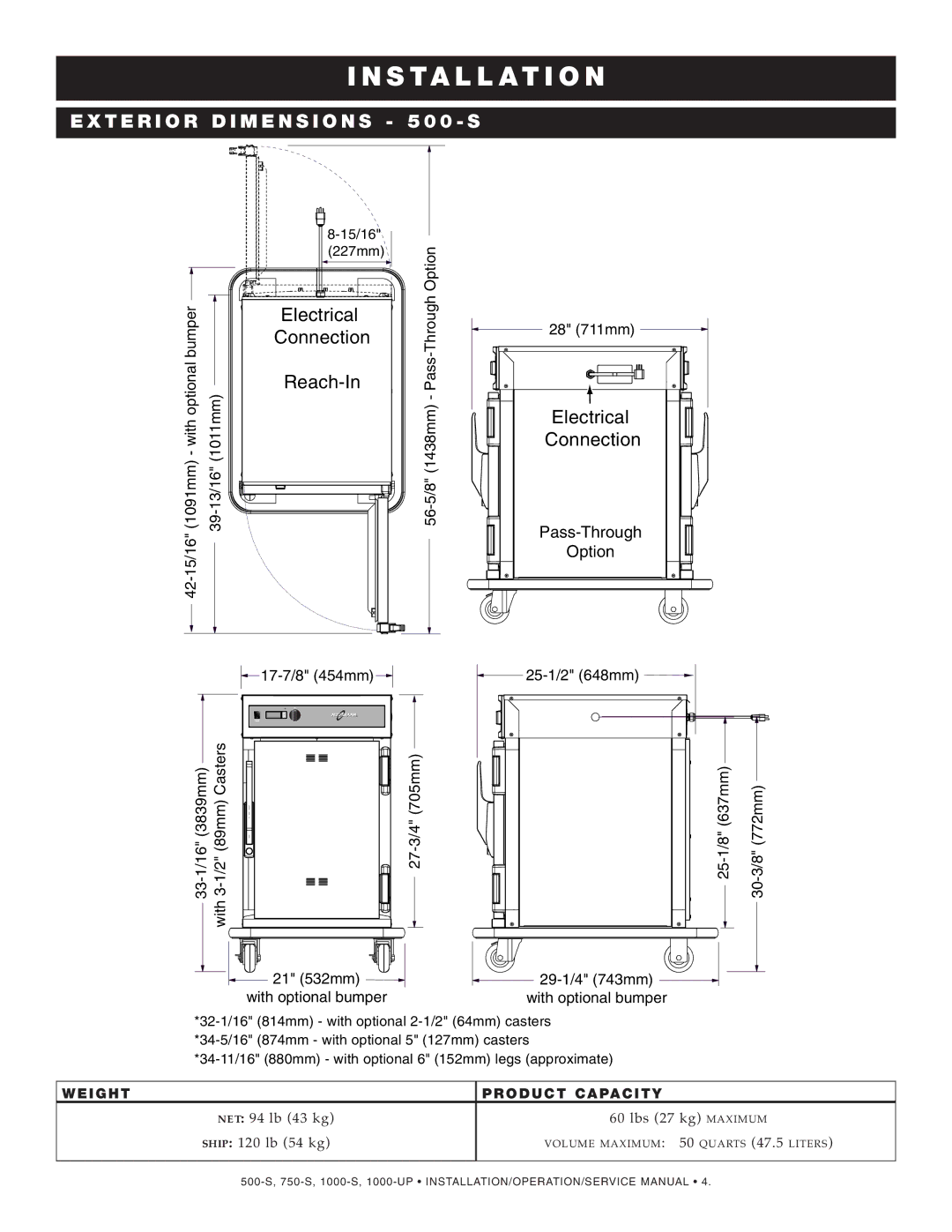 Alto-Shaam 750-S manual EXT Erio R D Imensio NS 500-S, Electrical Connection 