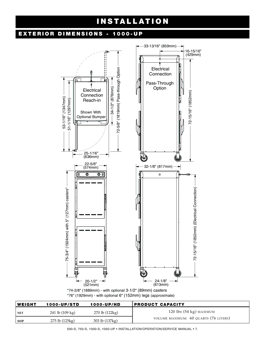 Alto-Shaam 750-S, 500-S manual EX T ERI or Dimensio NS 1 000 UP, Electrical Connection Reach-in 