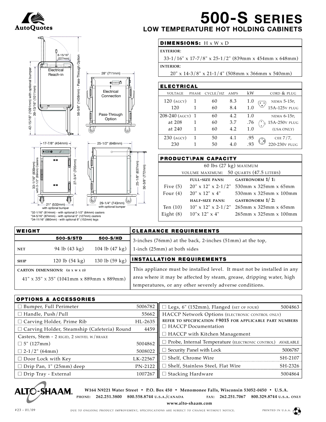 Alto-Shaam 500-S/STD El E Ct R I Ca L, PRODUCT\PAN Capacity, Weight Clearance Requirements, Installation Requirements 