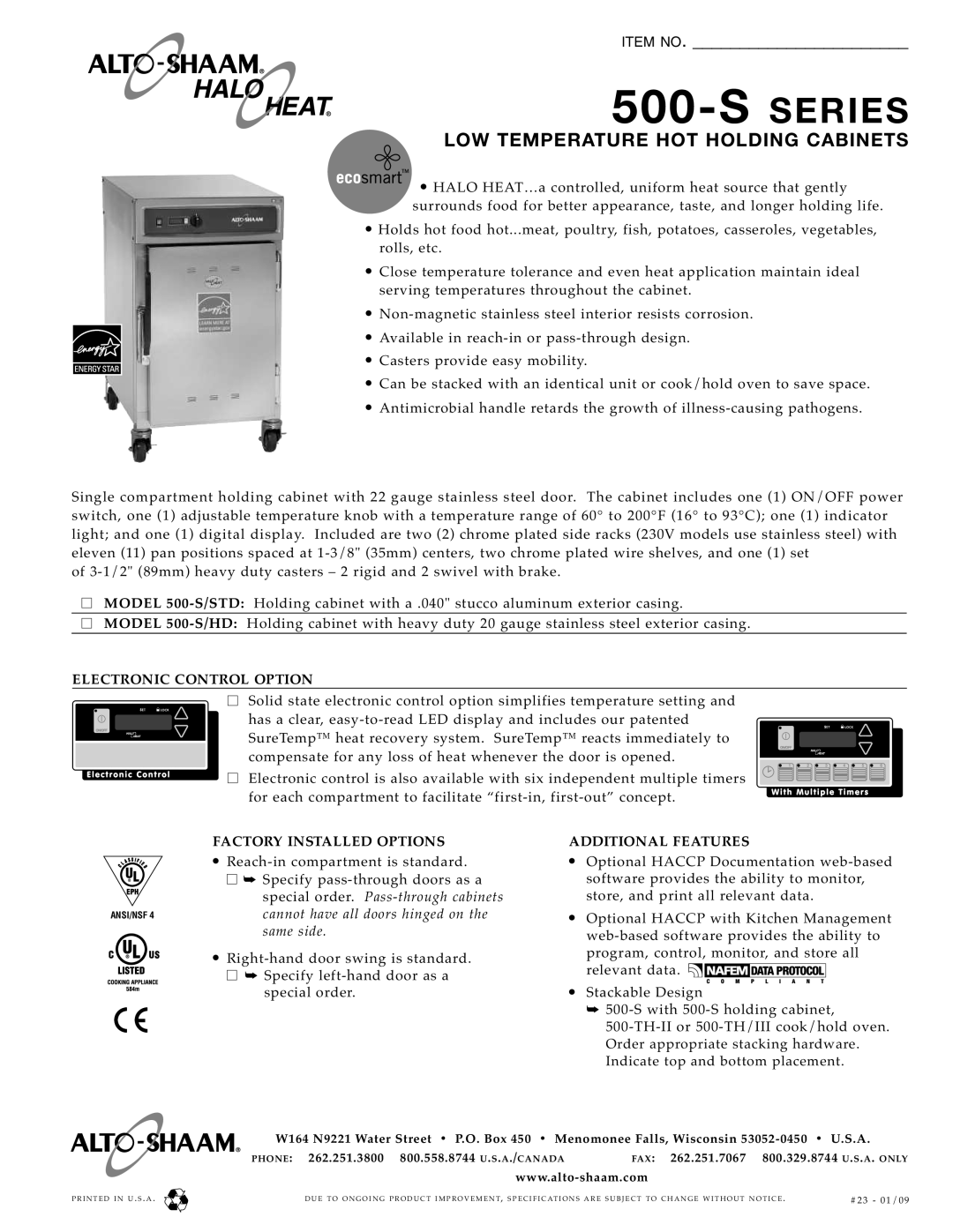 Alto-Shaam 500-S/HD specifications S Series, Low Temperature Hot Holding Cabinets, Item No, Electronic Control Option 