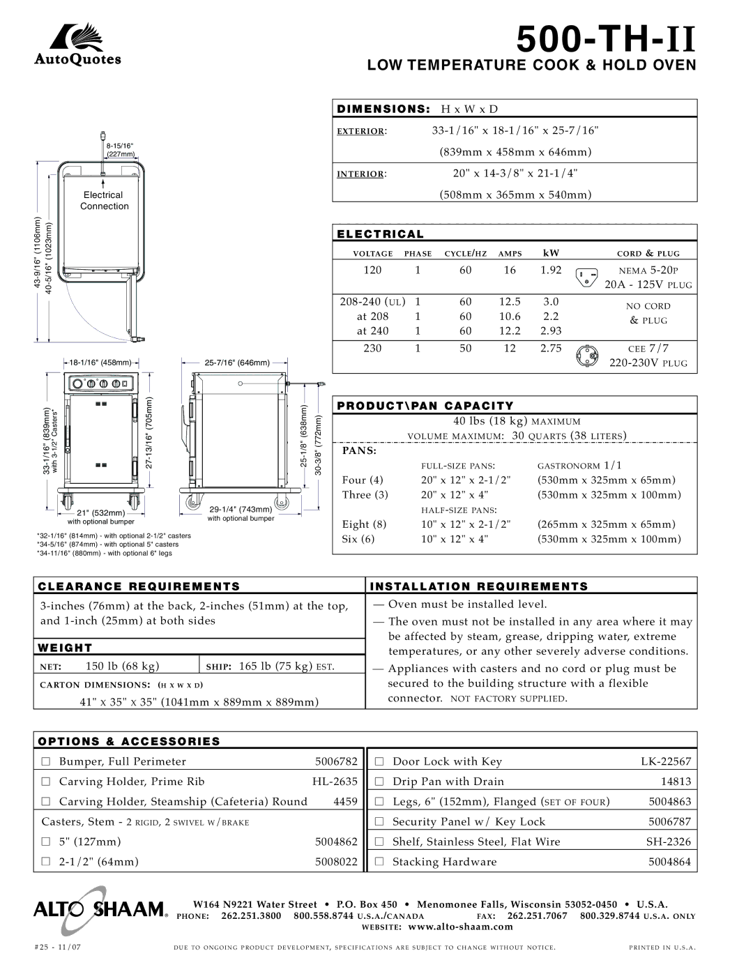 Alto-Shaam 500-TH-II Dime NS IO NS, Ele Ctr Ic Al, Pr Od Uc T\ Pan C Ap Ac Ity, Weight, Options & Access ORI ES 