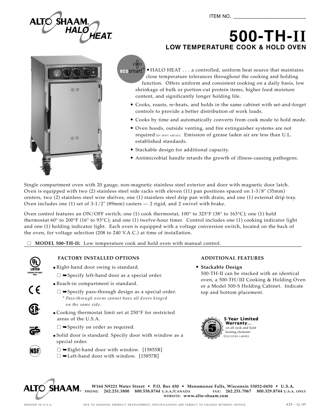 Alto-Shaam 500-TH-II specifications Th-Ii, Low Temperature Cook & Hold Oven, Factory Install Ed Options, Item No 