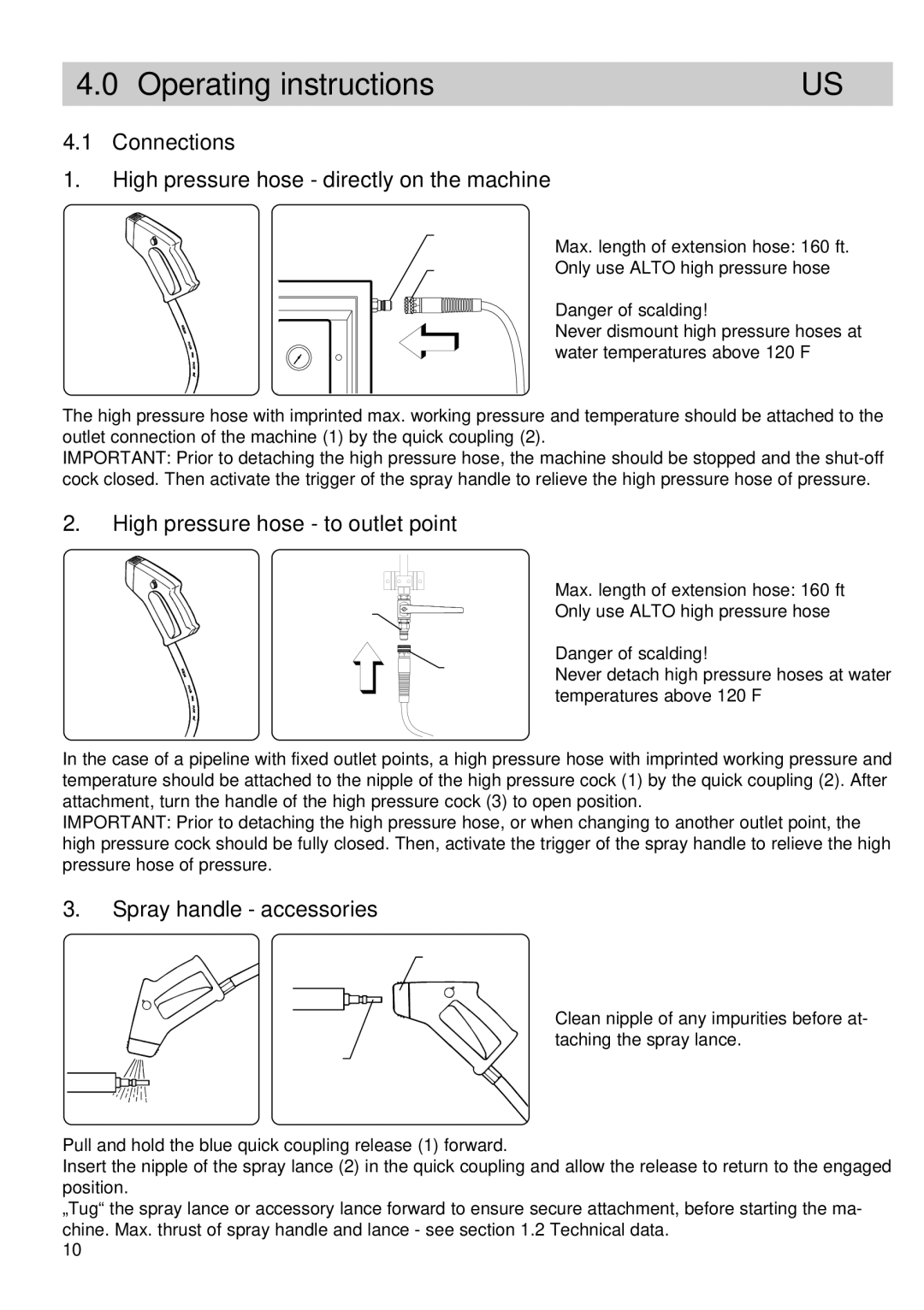 Alto-Shaam 52C3KSA -2, 52C3KSA -1 manual Operating instructions, Connections High pressure hose directly on the machine 