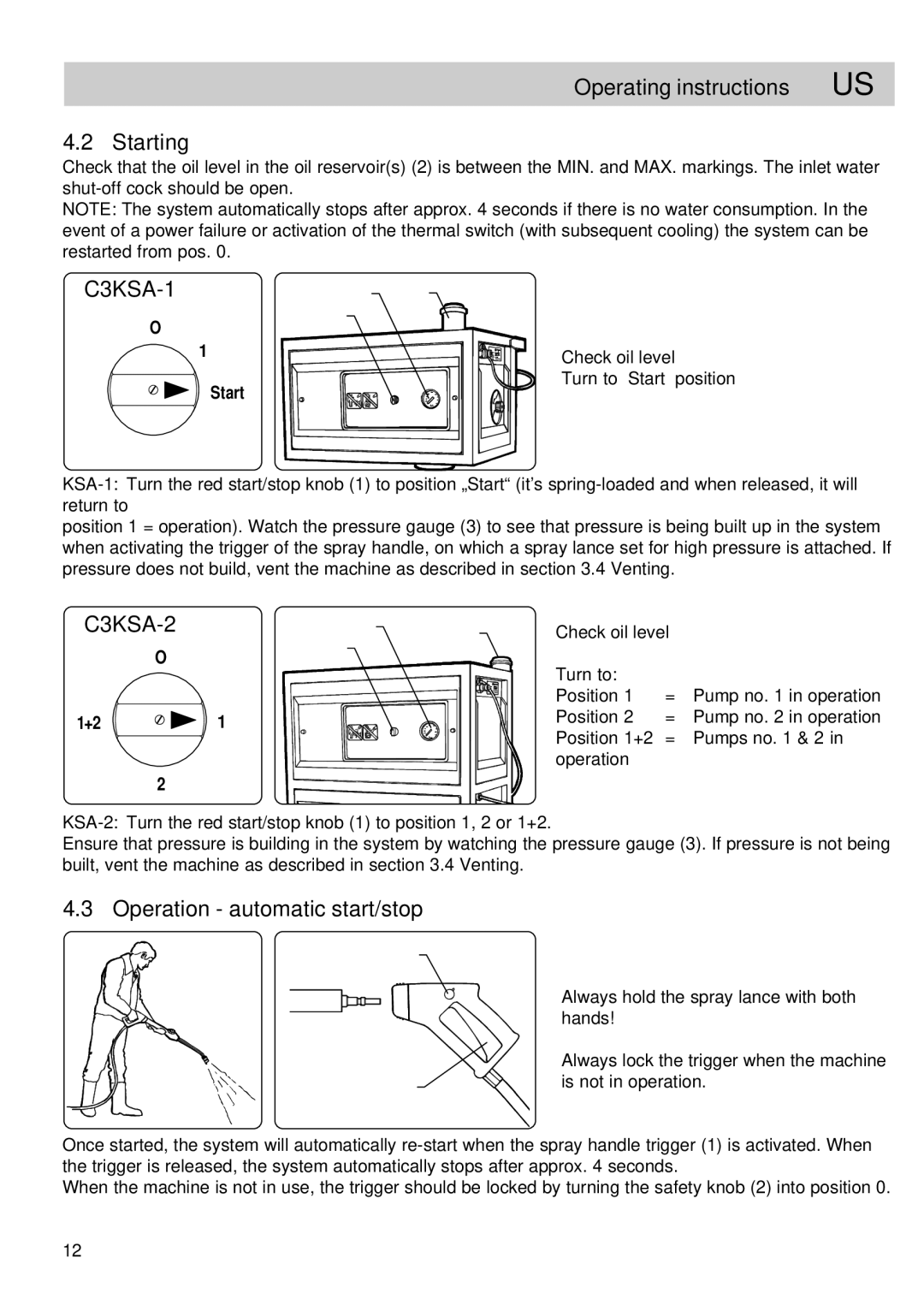 Alto-Shaam 52C3KSA -2 manual Operating instructions US Starting, C3KSA-1, Operation automatic start/stop, Check oil level 