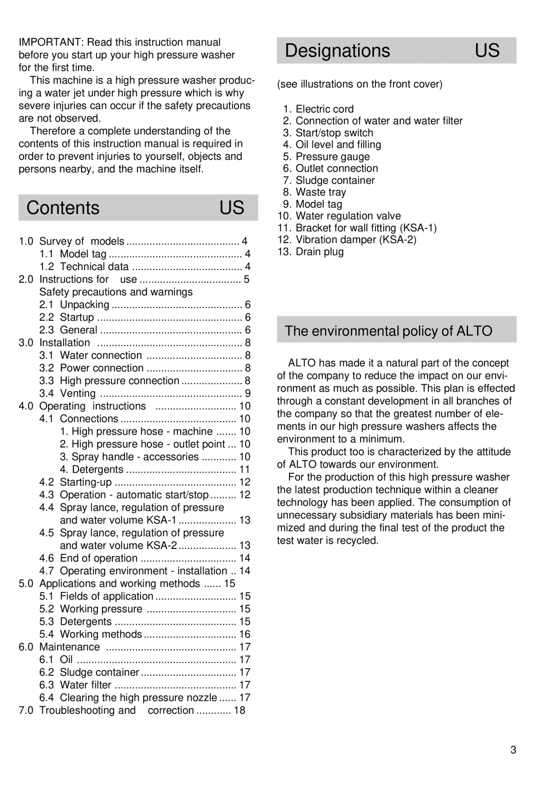 Alto-Shaam 52C3KSA -1, 52C3KSA -2 manual Contents, Designations US 