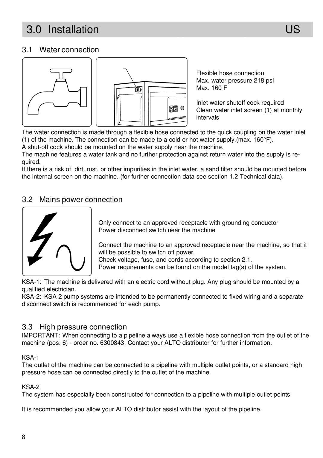 Alto-Shaam 52C3KSA -2, 52C3KSA -1 manual Installation, Water connection, Mains power connection, High pressure connection 