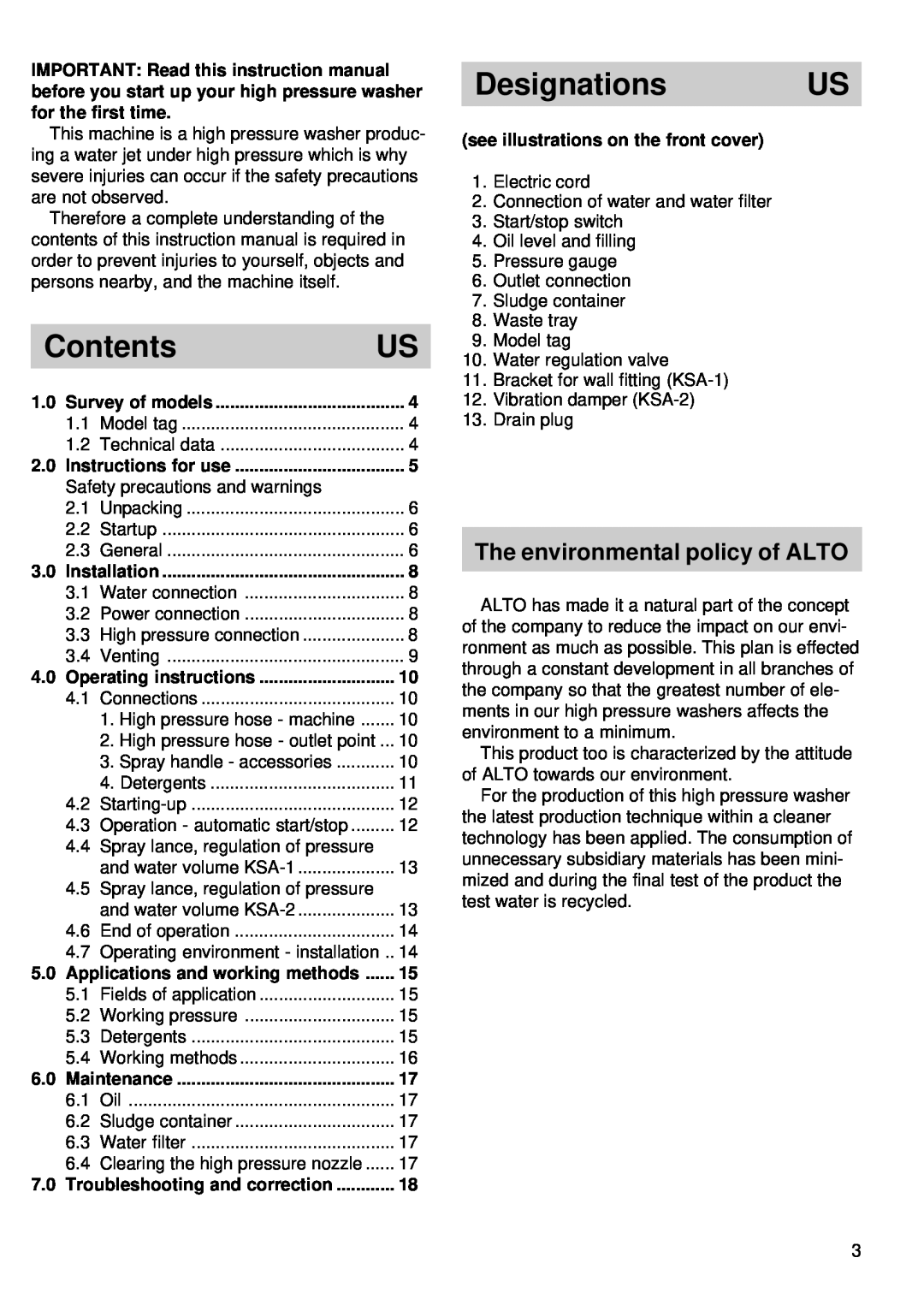 Alto-Shaam 52C3KSA -1, 52C3KSA -2 manual Contents, Designations US, The environmental policy of ALTO 