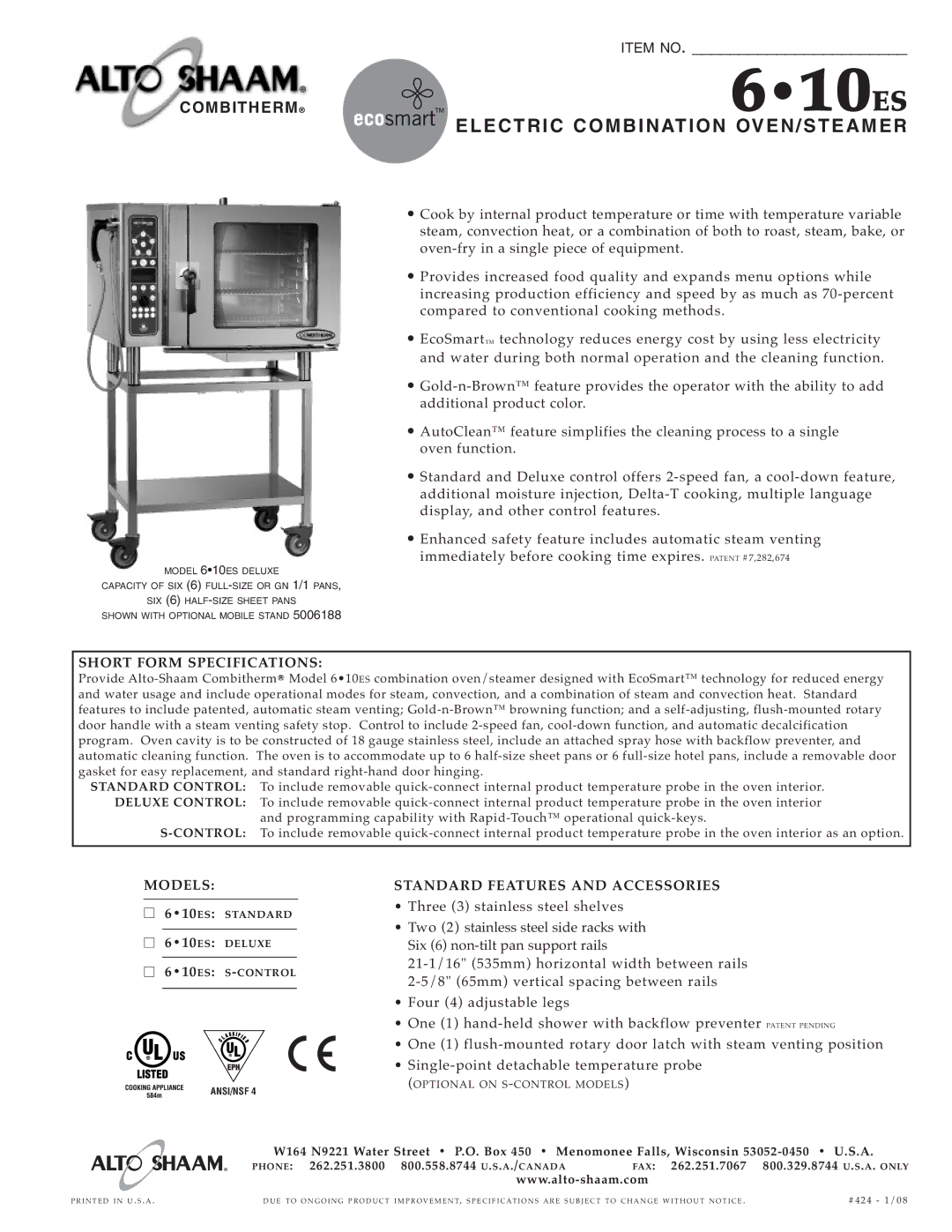 Alto-Shaam 610ES specifications Elect RIC Combina Tion OVEN/S Teame R, Short F ORM Specifications, Models 