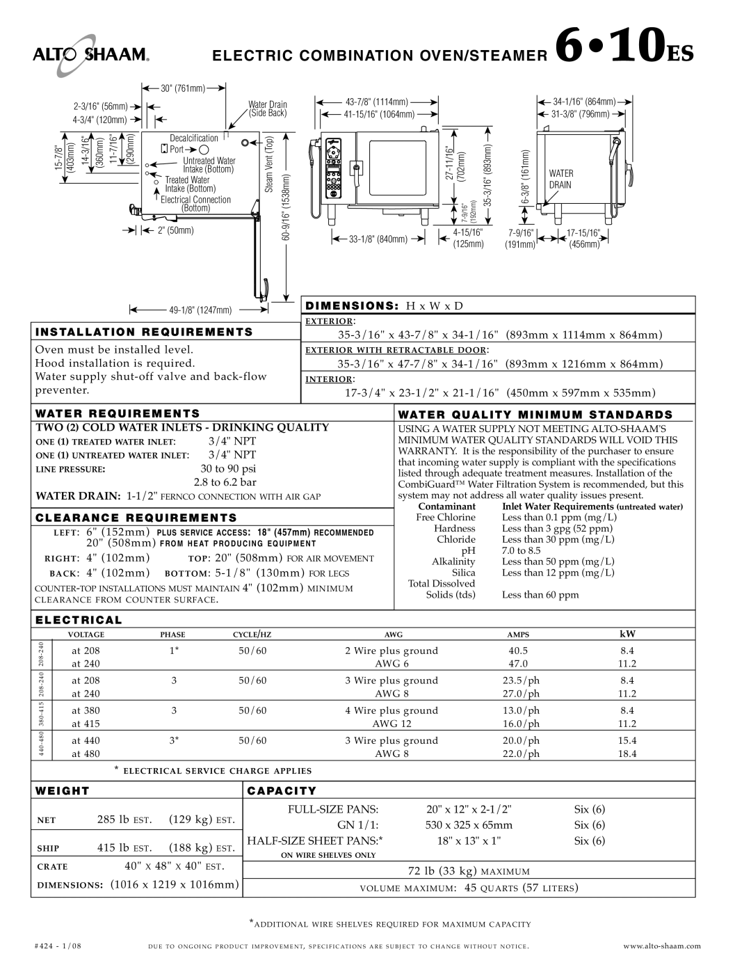 Alto-Shaam specifications Elect RIC Combin Atio N OVEN/ Steame R 610ES 