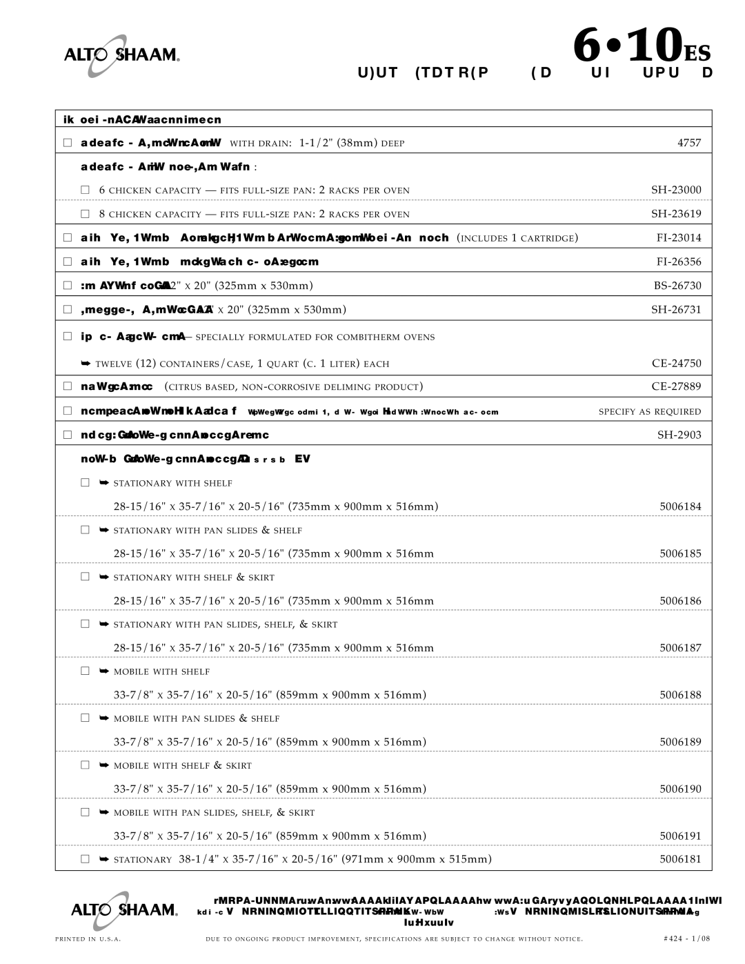 Alto-Shaam 610ES specifications Optio NS & Access ORI ES, Chic KEN Roasti NG R Acks, Combig Uard Repla Cement F Ilter 