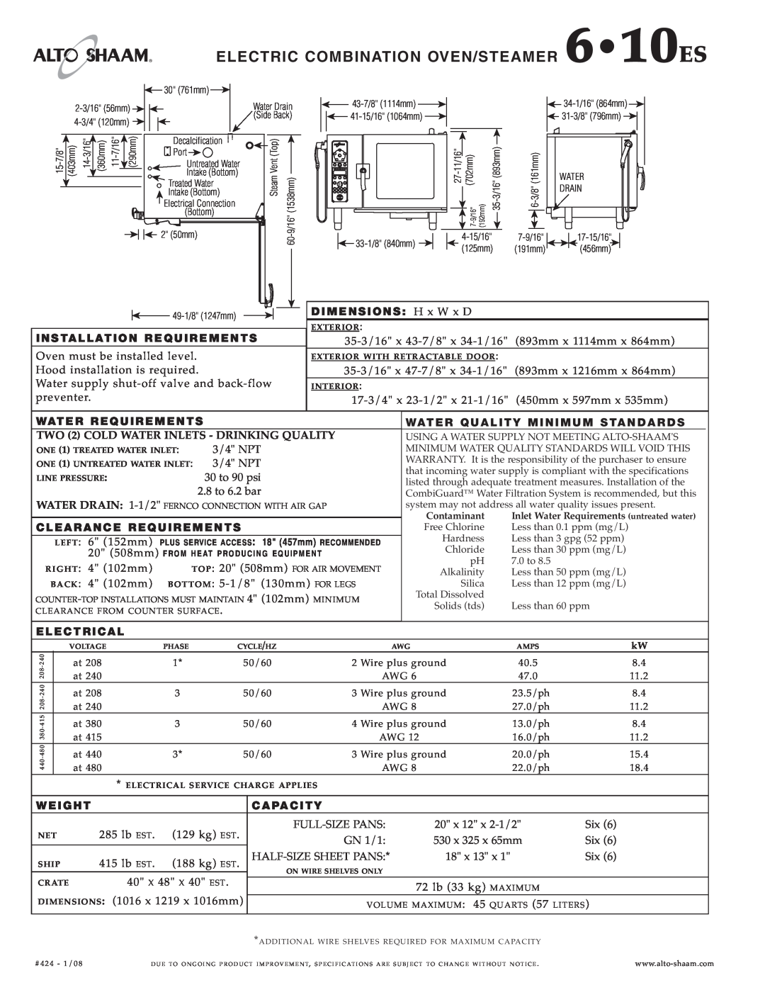 Alto-Shaam specifications ELECT RIC COMBIN ATIO N OVEN/ STEAME R 610ES 