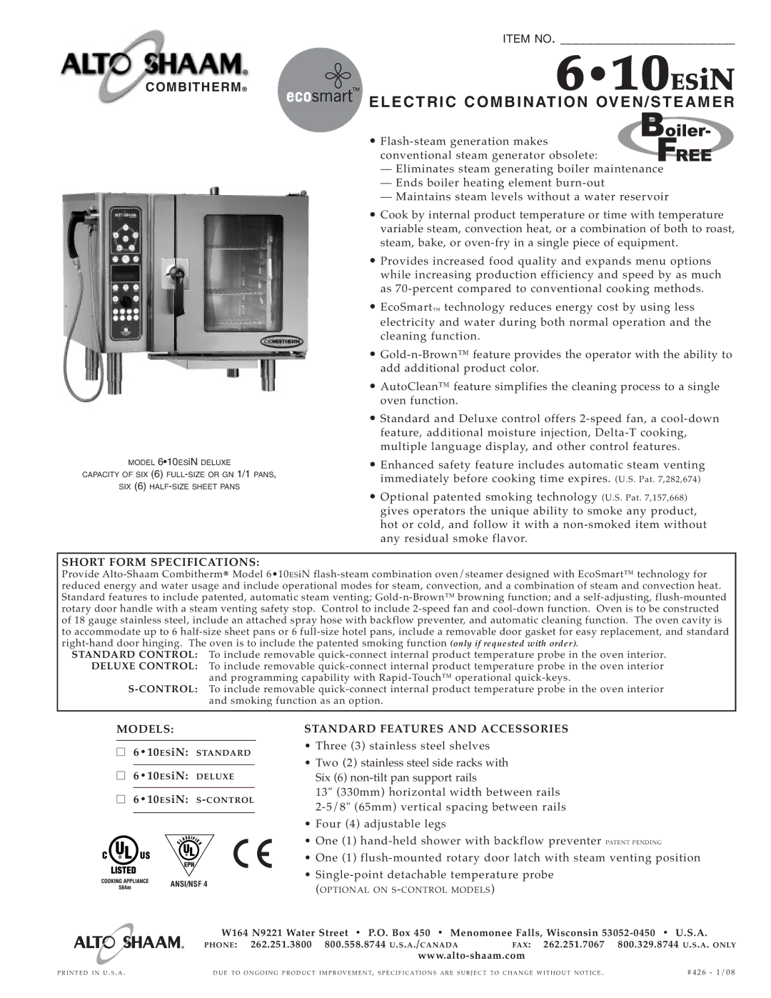 Alto-Shaam 6.10ESiN specifications Elect RIC Combina Tion OVEN/S Teame R, Short Form Spec IFI Cations, Models 