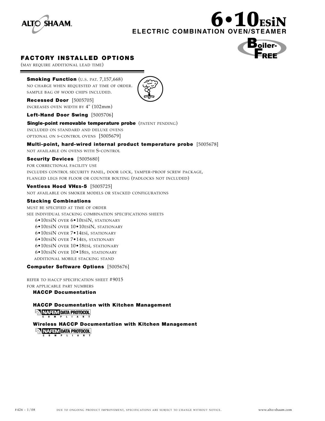 Alto-Shaam 6.10ESiN specifications Elect RIC COM Bina Tion OVEN/ST EAM ER 