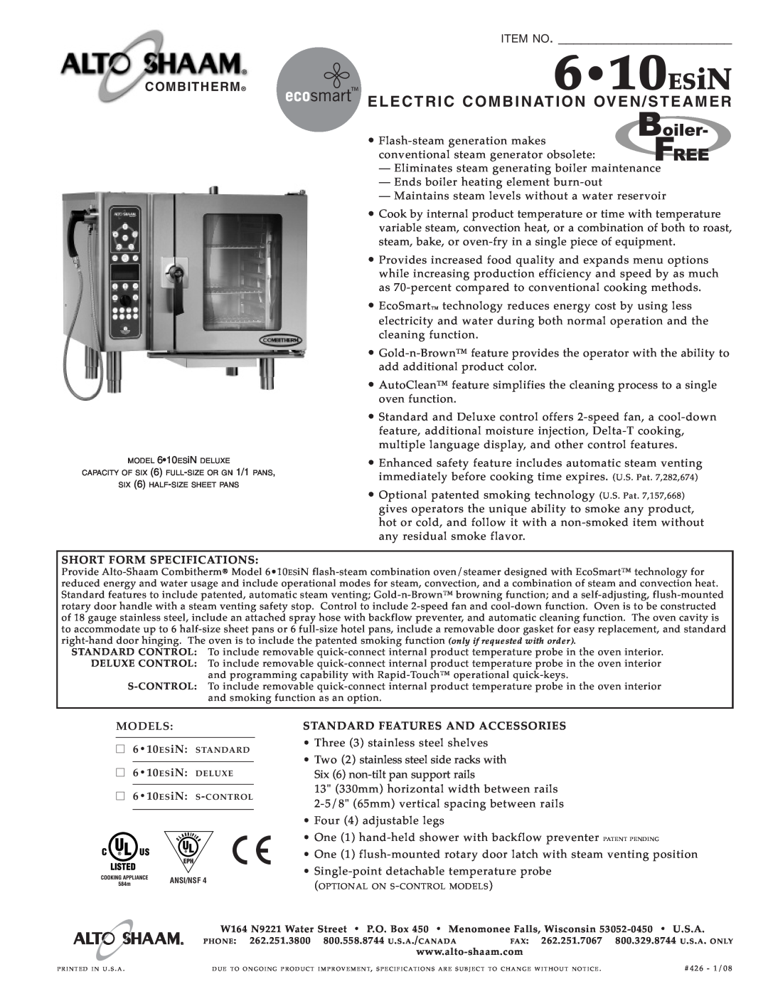 Alto-Shaam 6.10ESiN specifications 610ESiN, Elect Ric Combina Tion, Oven/S Teame R, Item No, Combitherm 