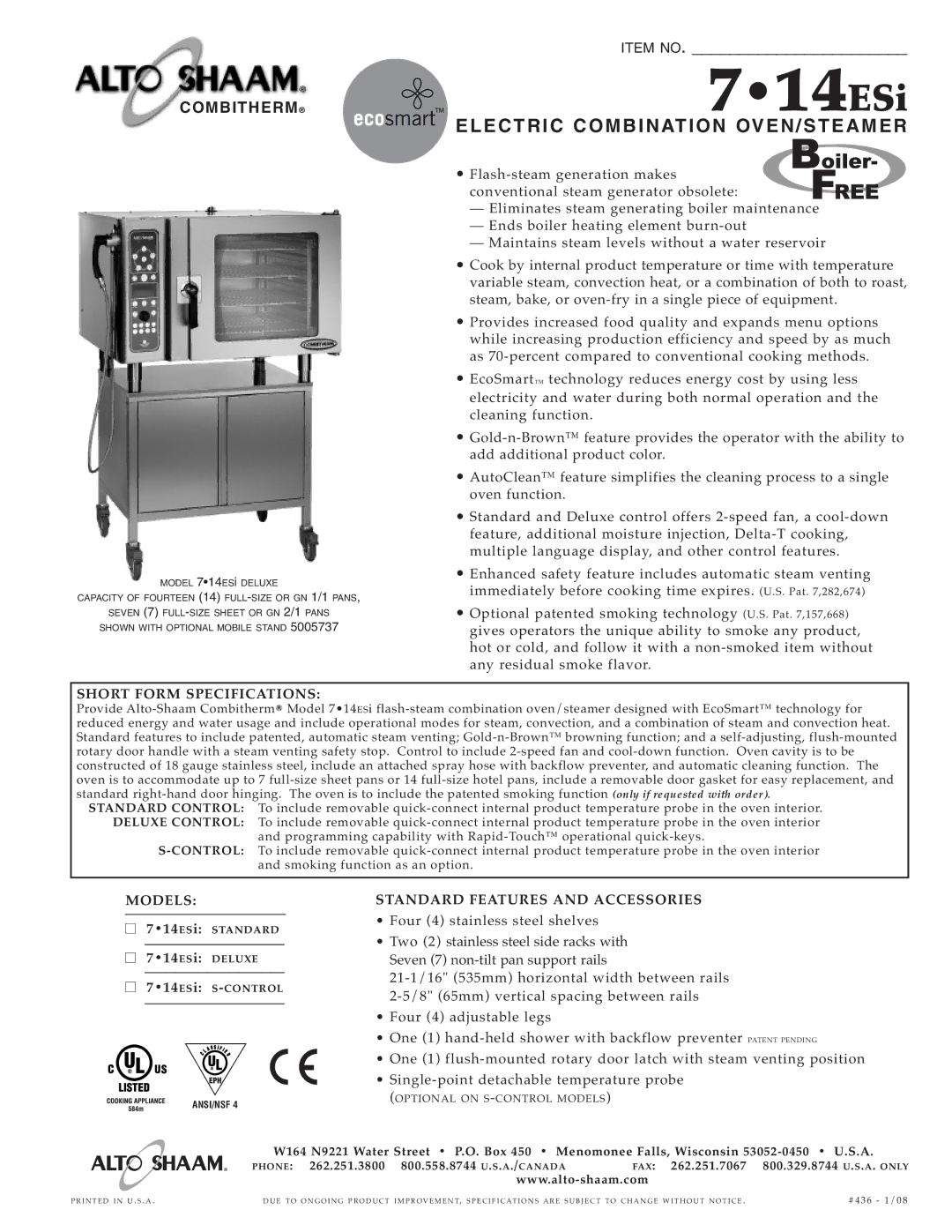 Alto-Shaam 7-14ESi specifications 14 ESi, Elect RIC Combina Tion OVEN/S Teame R, Short Form Specifications, Models 