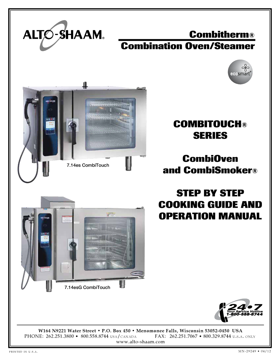 Alto-Shaam 7.14es CombiTouch operation manual 14es CombiTouch 14esG CombiTouch, PhOne 262.251.3800 800.558.8744 USA/CANADA 